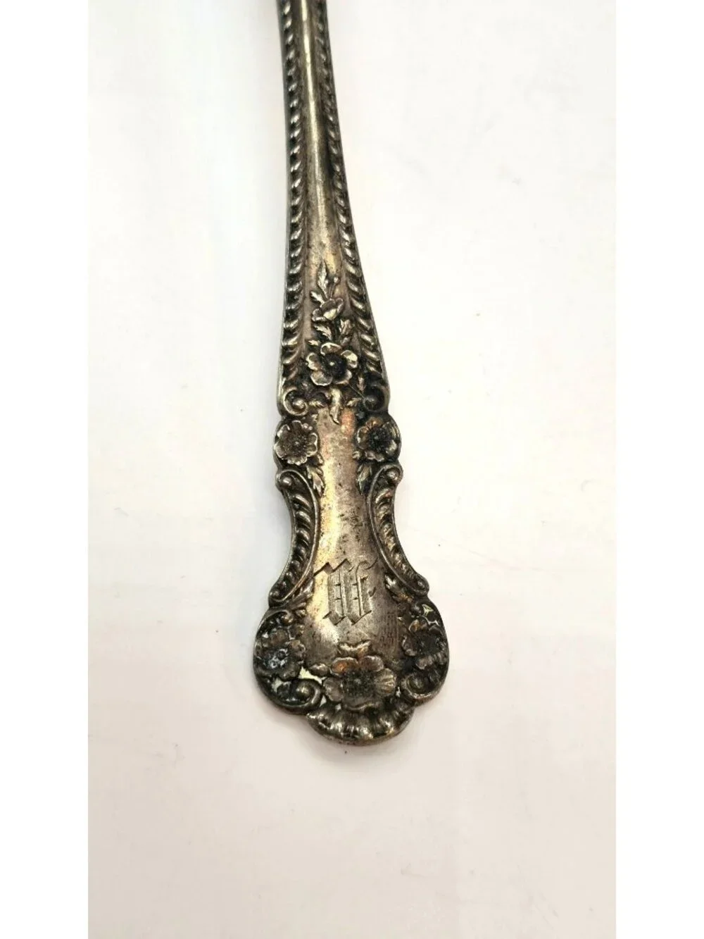 Antique Sterling Silver Pierced Serving Spoon Bonbon Floral Handle Mono CM2267